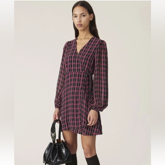 Ganni Georgette Plaid Check Mini Wrap Dress - Picture 1 of 7